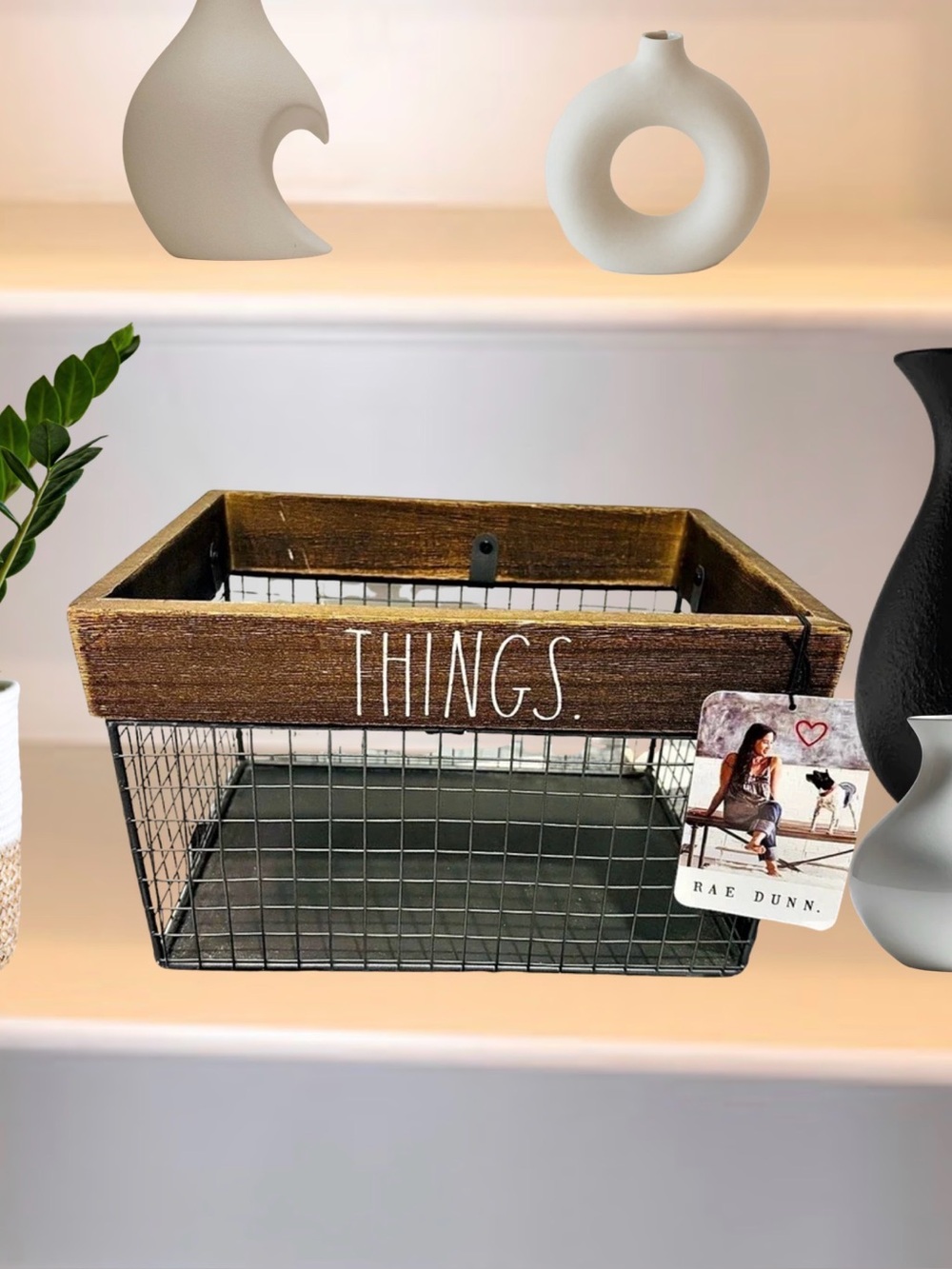 New Rae Dunn Distressed Farmhouse Things Wood and Wire Storage Basket Brown & Bl